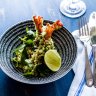 Green rice crumbed prawns with chilli & ginger pickle salad.