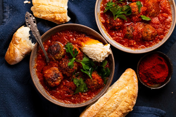 RecipeTin Eats’ smoky Spanish meatballs swimming in chorizo sauce.