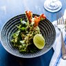 Green rice crumbed prawns with chilli & ginger pickle salad.