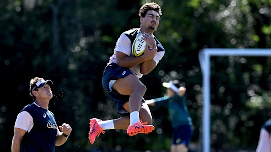 SUNSHINE COAST, AUSTRALIA - JUNE 21: Jordan Petaia catches the ball during an Australian Wallabies training session on June 21, 2022 in Sunshine Coast, Australia. (Photo by Bradley Kanaris/Getty Images)