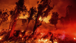 Flames from a backfire consume a hillside as firefighters battle the Maria Fire in Santa Paula, California, last month. Insurers usually exclude "acts of God" from their policies.