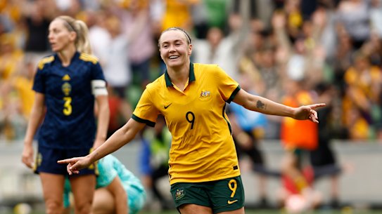 MELBOURNE, AUSTRALIA - NOVEMBER 12: Caitlin Foord of the Matildas celebrates a goal  during the International friendly match between the Australia Matildas and Sweden at AAMI Park on November 12, 2022 in Melbourne, Australia. (Photo by Darrian Traynor/Getty Images)