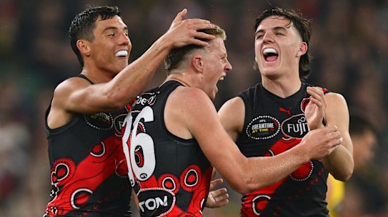 Angus Clarke of the Bombers celebrates a goal.