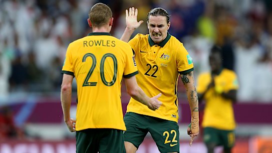 Jackson Irvine (right) celebrates with Kye Irving after the Socceroos’ win over the UAE.