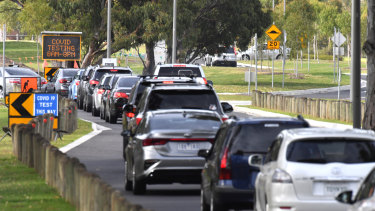 The queue for testing at Springers Leisure Centre in Keysborough.
