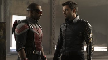  Anthony Mackie (left) as the Falcon and Sebastian Stan as the Winter Soldier in a scene from The Falcon and the Winter Soldier.