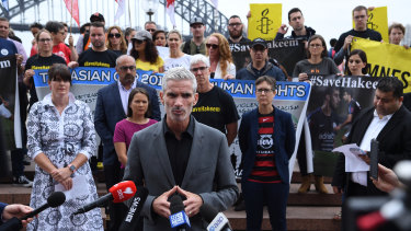 Former footballer and SBS presenter Craig Foster at a rally in Sydney on Friday.