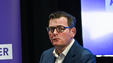 Premier Daniel Andrews at his COVID-19 briefing on Monday.