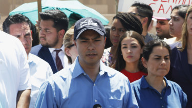 US Representative Joaquin Castro speaks alongside members of the Hispanic Caucus after touring inside of the Border Patrol station in Clint, Texas.