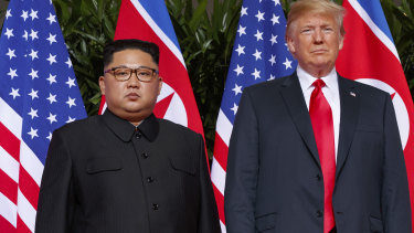 North Korean leader Kim Jong-un with US President Donald Trump at a summit in Singapore.
