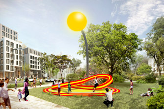 Photomontage of Tobias Rehberger’s artificial sun at Defries Ave, Zetland,  that is synchronised to China’s sun.