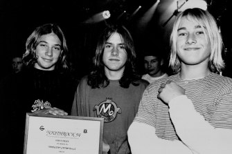 Silverchair in 1994, then known as Innocent Criminals, fresh from winning the Youth Rock contest at the Orion Centre in Campsie. From left: Chris Joannou, Ben Gillies and Johns. 
