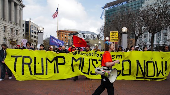 Protestors gather outside the UN Plaza in San Francisco. 