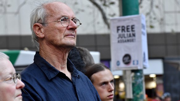 John Shipton, Julian Assange's father, at the Free Julian Assange Rally in support of his son at the State Library of Victoria on Friday afternoon.