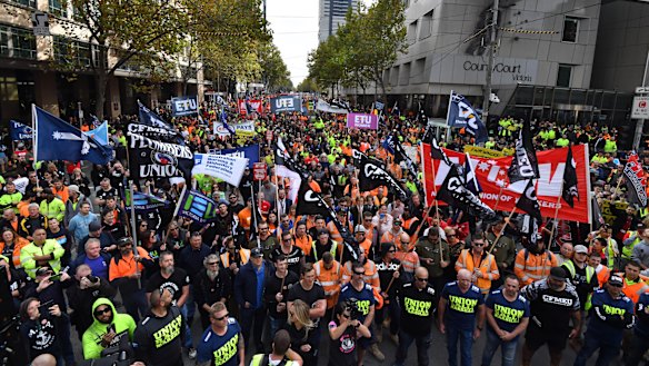 A union protest at the Melbourne Magistrates court during the committal hearing last week.