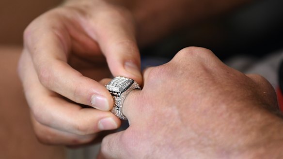 This year's NRL premiership ring, designed in 2019 by Johnathan Thurston.