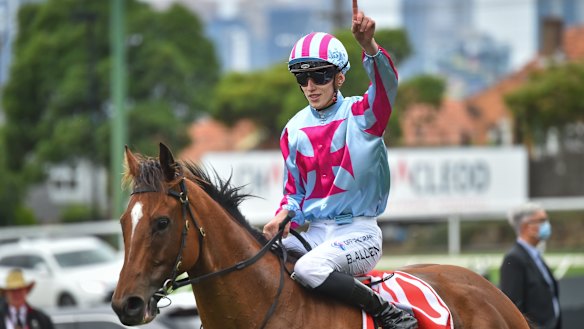 Ben Allen returns to the mounting yard on Marabi after winning the Australia Stakes at Moonee Valley.