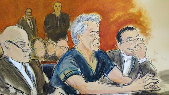 A courtroom artist's sketch, of defendant Jeffrey Epstein, with attorneys Martin Weinberg, left, and Marc Fernich during his arraignment in New York federal court on Monday.