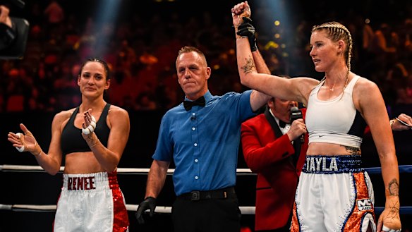 Tayla Harris is announced as the winner of her fight against Renee Gartner on Wednesday night.