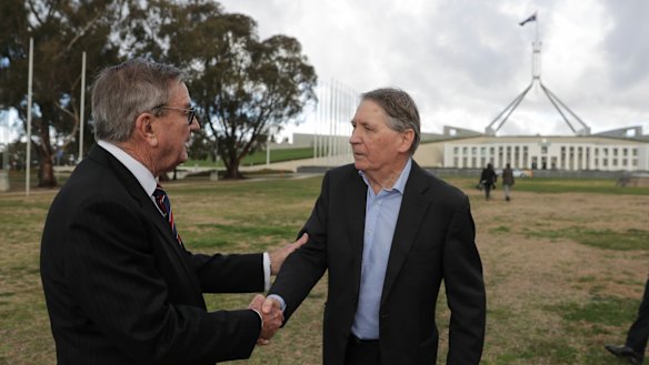 Huawei Australia chairman John Lord with former Defence and ASIO boss Dennis Richardson.