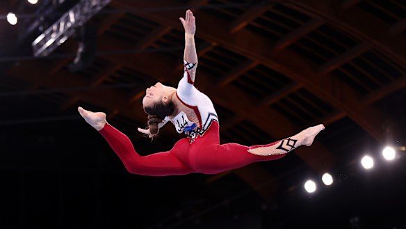 Pauline Schaefer-Betz of Team Germany competes on balance beam.