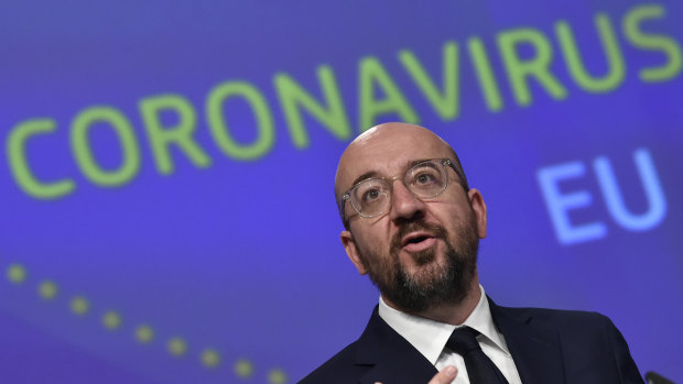 European Council President Charles Michel speaks during a media conference on the European Union's response to the COVID-19 crisis at EU headquarters in Brussels.