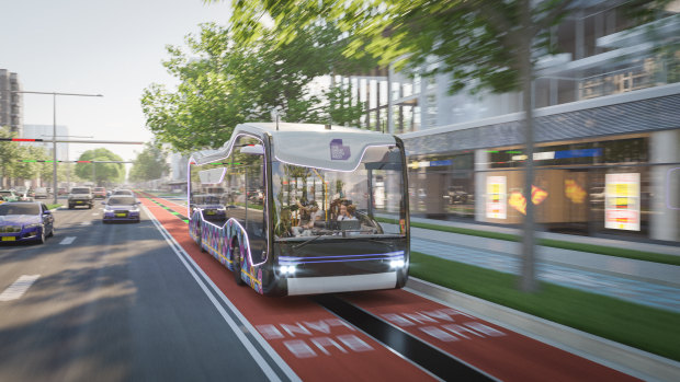 An artist’s impression of how a driverless, autonomous vehicle would shuttle passengers between Western Sydney Airport and Liverpool. 
