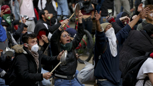 Anti-government protesters rally in at the Bolivar square in downtown Bogota, Colombia, on Friday.
