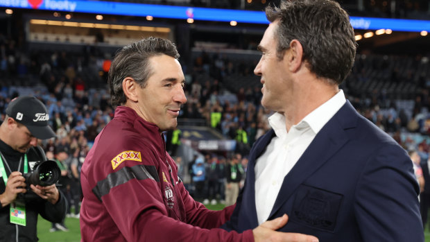 Maroons coach Billy Slater, left, and his NSW counterpart Brad Fittler during this year’s Origin series, which Queensland won.