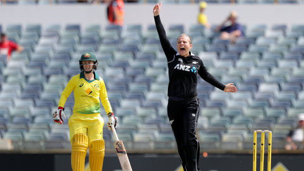 Line and length: New Zealand's Lea Tahuhu after bowling out Australia's Alyssa Healy.