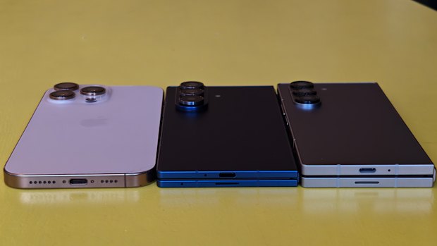 The Fold7 is closer in thickness to the iPhone 16 Pro Max (left) than the Fold6 (right).