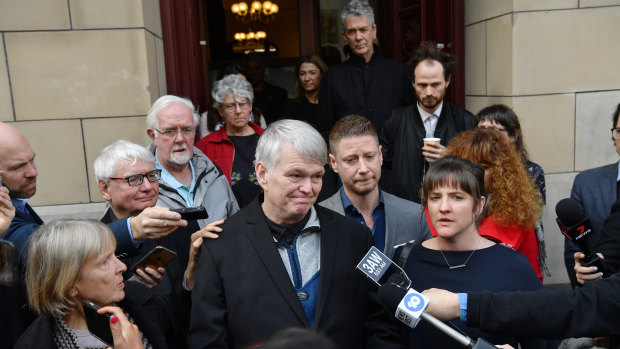 Eurydice Dixon's father Jeremy speaks outside court on Monday.