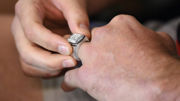 This year's NRL premiership ring, designed in 2019 by Johnathan Thurston.