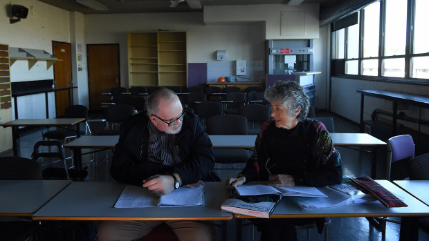 Alexander Burgic and Marguerite Young in a classroom at Randwick TAFE, where they are studying HSC subjects.