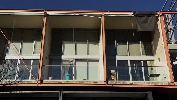 Street view of some of the apartments on the top floor of number 19 Gadigal Avenue in the Sydney suburb of Zetland. 