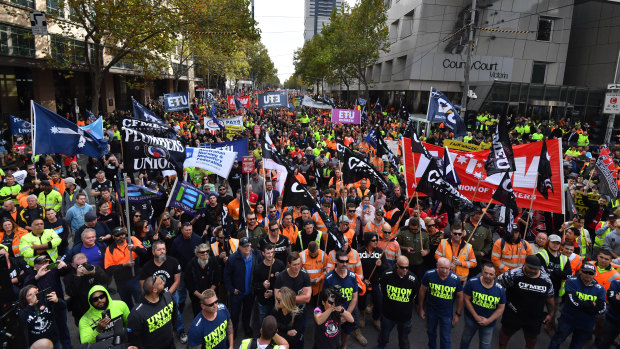 A union protest at the Melbourne Magistrates court during the committal hearing last week.