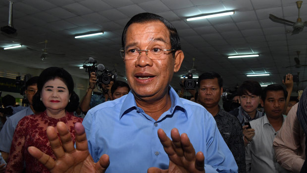 Hun Sen, President of the Cambodian People’s Party, moments after he  voted in the Cambodian general election at Kandal Provincial Teacher Training School in Hun Sen’s hometown of Takhmao on Sunday.