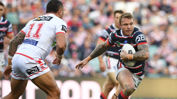 Livewire: Jake Friend sparks the Roosters' attack against the Dragons at Allianz Stadium.