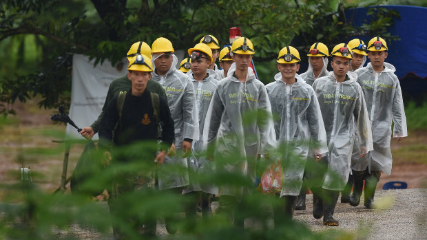 Thai army soldiers return from Tham Luang cave on day three of the rescue operation. 