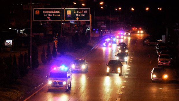 Ambulances escorted on the road from Mae Sai to Chiang Rai on Sunday night.