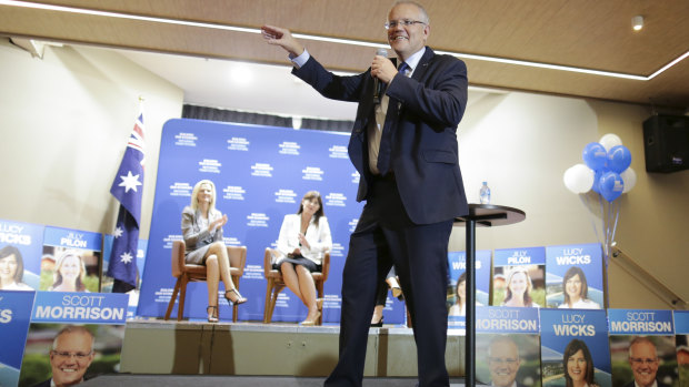 Prime Minister Scott Morrison mimics a Pac-Man during the election campaign. 