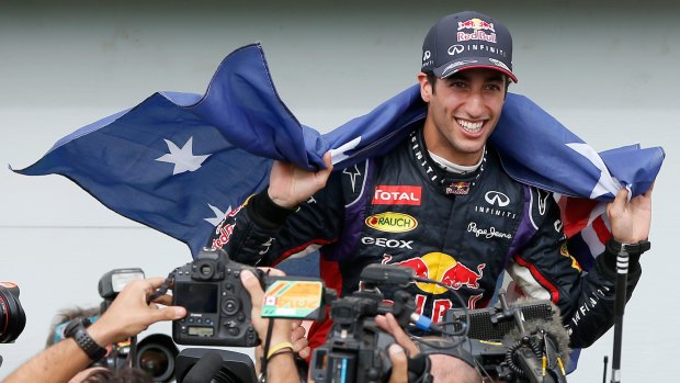 Daniel Ricciardo celebrating his first grand prix victory in 2014, after winning for Red Bull in Montreal.