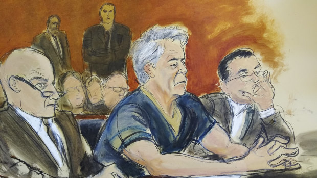 A courtroom artist's sketch, of defendant Jeffrey Epstein, with attorneys Martin Weinberg, left, and Marc Fernich during his arraignment in New York federal court on Monday.