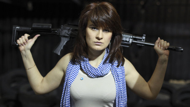 Maria Butina, a gun-rights activist, poses for a photo at a shooting range in Moscow, Russia, in 2012.