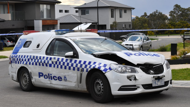The police car which was rammed in Greenvale. 