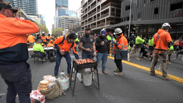 Workers fired up a barbecue on the street to protest the ban on tearooms. 