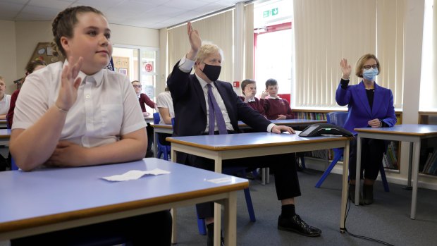 British Prime Minister Boris Johnson and former Australian prime minister Julia Gillard during a visit to a school in Durham, England