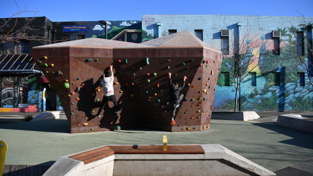 Wilson Avenue in Brunswick has been redesigned with a rock climbing wall in a push to curb street crime. 