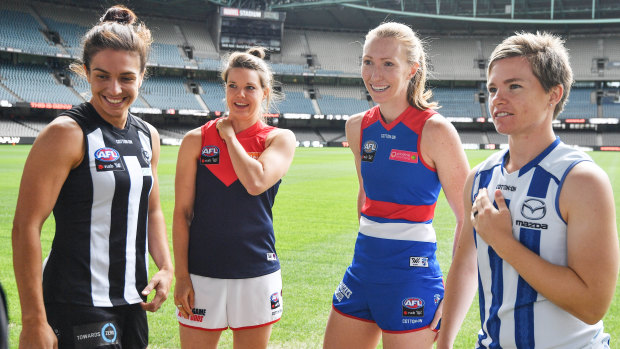 (From left) Ash Brazill, Elise O'Dea, Tiarna Ernst and Jess Duffin will play in the AFLW's first double-header on Saturday.