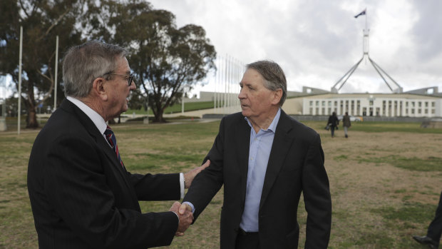 Huawei Australia chairman John Lord with former Defence and ASIO boss Dennis Richardson.